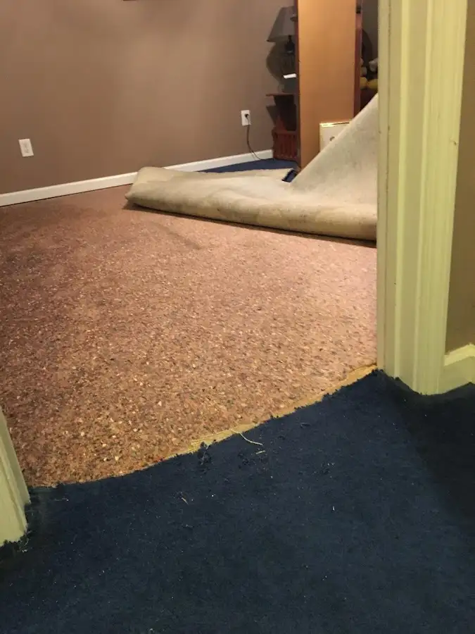 Carpet pad removal revealing water damage during Water Mitigation Services in Arcadia